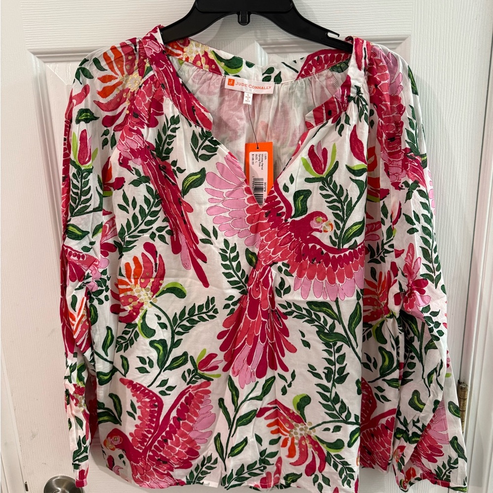 Jude Connally Vibrant Pink and Green Bird Blouse